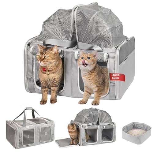 Erweiterbare Katzentrage für Katzen - Tragbare Haustiertasche mit eingebauter Katzentoilette, 2-in-1 Doppel-Katzentrage für 2 Katzen für lange Roadtrips und Outdoor-Abenteuer von LitaiL