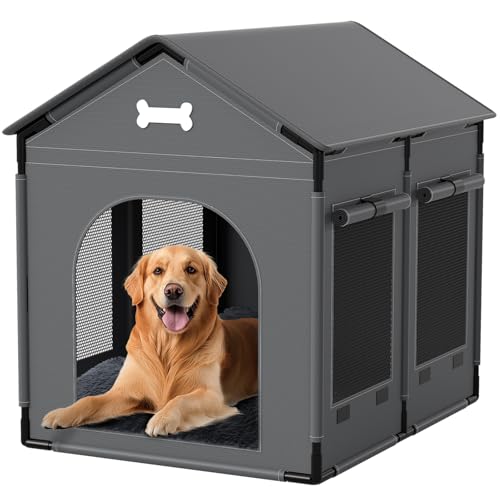 Extra große Hundehütte für drinnen mit Plüschkissen, Hundehütte für innen mit stabilem Rahmen, wasserdichtes Haustierhaus, geeignet für mittelgroße und große Hunde, 86,4 x 68,6 x 86,4 cm, Grau von LitaiL