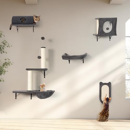 Kletterwand Katzen, LitaiL 5-teilig Katzen Kletterwand Set mit Kratzbaum, Kratzbrett Sisal für Wandmontage, mit Katzentunnel, Katzenliege, bis 10KG, (Grau) von LitaiL