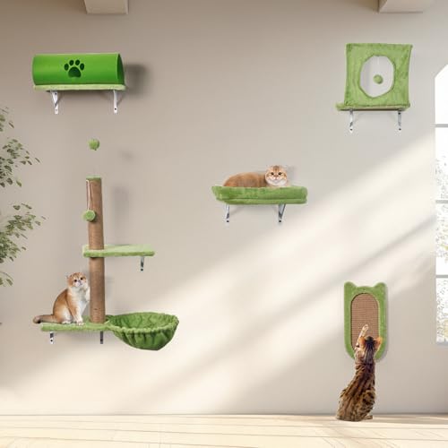 Kletterwand Katzen, LitaiL 5-teilig Katzen Kletterwand Set mit Kratzbaum, Kratzbrett Sisal für Wandmontage, mit Katzentunnel, Katzenliege, bis 10KG, (Grün) von LitaiL