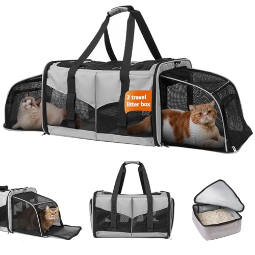 Katzentrage für 2 Katzen - LitaiL Große Katzentragetasche mit Katzentoilette, erweiterbare Doppel-Katzentrage für Katzen bis zu 18 kg, tragbare 2-in-1-weiche Haustier-Reisetrage von LitaiL