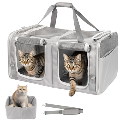 Katzentrage für 2 Katzen mit Katzentoilette, LitaiL Top, erweiterbare Katzentragetasche für Autoreisen, mit atmungsaktivem Netz, bis zu 11,3 kg - für Auto, Tierarztbesuch & Camping von LitaiL