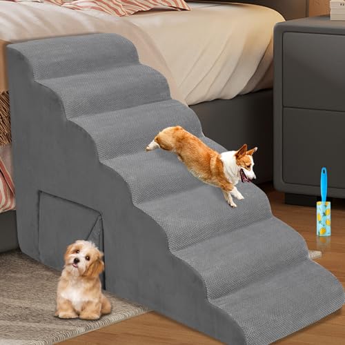 LitaiL 7 Stufen Extra Breite Hundetreppe 83,8 cm hoch für hohe Betten, Mehrzweck-3-in-1-Hundetreppe aus Schaumstoff für kleine Hunde, tragbare Haustiertreppe mit Griff für Bett, Hunderampen mit von LitaiL