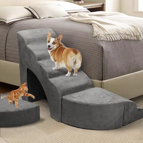 LitaiL Hundetreppe 74cm Hoch für Boxspringbett, passt Sich jeder Seite des Bettende an, Multizweck Hunderampe für Bett|Couch| Sofa, rutschfeste Haustiertreppe aus Schaumstoff für Hunde,Katzen (Grau) von LitaiL