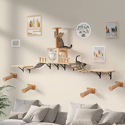 Katzen Kletterwand Set aus Massivholz, LitaiL Extra Stabile Katzenmöbel mit Katzenleiter,Katzenliege,Kratzbaum,Katzenhaus und Katzenstufen für Wand, 12-teilig, Bis 25KG von LitaiL