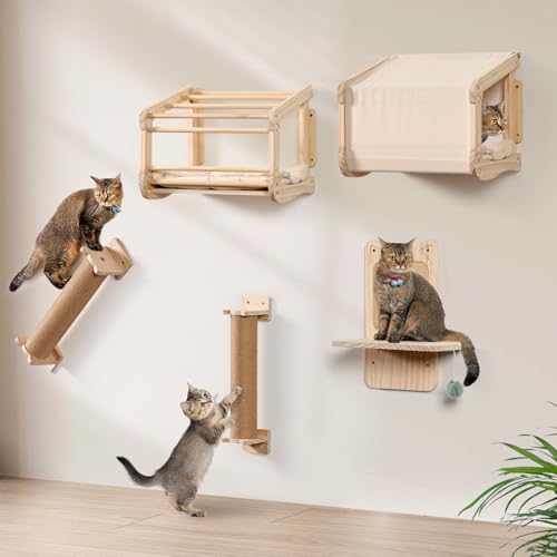 Kletterwand Katzen aus Echtholz für große Katze bis 25KG, LitaiL 5tlg Katzen Kletterwand Set, 2X Katzenbett mit Weiche Kissen | 2X Kratzsäule | 1x Kratzbrett mit Sisal Matte für Wandmontage, Beige von LitaiL