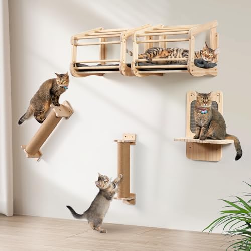 Kletterwand Katzen aus Massivholz für große Katzen bis 25KG, LitaiL 5tlg Katzen Kletterwand Set, 2X Katzenbett mit Weiche Kissen | 2X Kratzbaum | 1x Kratzsäule mit Sisal Matte für Wandmontage, Grau von LitaiL