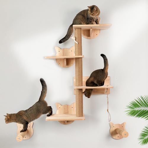 LitaiL Kratzbaum aus Massivholz für Katzen für die Wand, 110cm hoch, Wandmontage, Katzenbaum mit 3 Plattformen, 2 Katzentreppen, Vier stöckige Katzenbett | Katzenkratzbaum, Bis 25KG von LitaiL
