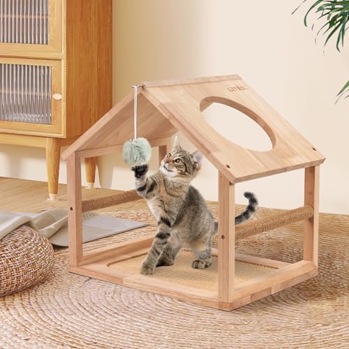 LitaiL Kratzbrett mit Katzenhöhle aus Gummibaumholz für Katzen, 41 cm Lange, Kratzbrett Sisal in Hausform, Kratzbretter Katze für Sofaschutz, Kratzhaus Holz von LitaiL