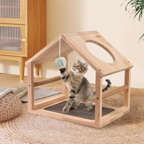 LitaiL Kratzbretter Katze aus Gummibaumholz, 41 cm extra lang, Kratzbrett Sisal in Hausform, Süße Kratzbretter Katzen für Sofaschutz, Katzen Kratzmöbel, Grau von LitaiL