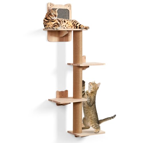 LitaiL Kratzbaum Wand für Katzen bis 20KG, Vier stöckig, 110 cm hoch, Kratzbaum Wandmontage aus Massivholz, Kletterwand Katze mit 4 Plattformen, Katzen wandelemente, Farbe in Grau von LitaiL
