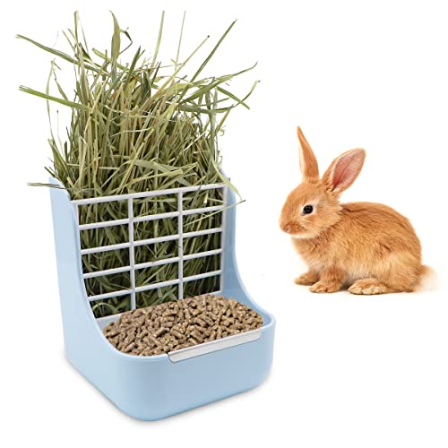 Litewoo Kaninchen-Heu-Futterstation, Meerschweinchen-Futterstation, 2-in-1, automatischer Futternapf für kleine Tiere, Futterkäfig, Zubehör (blau) von Litewoo