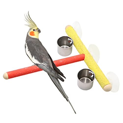 Litewood Vogelständer aus Holz, Sitzstange für Papageien, Badewannenständer, Zubehör für Vögel, Ständer für Haustiere, Plattform mit Becher (zufällige Farbe) (Design 3 (2 Tassen) von Litewood