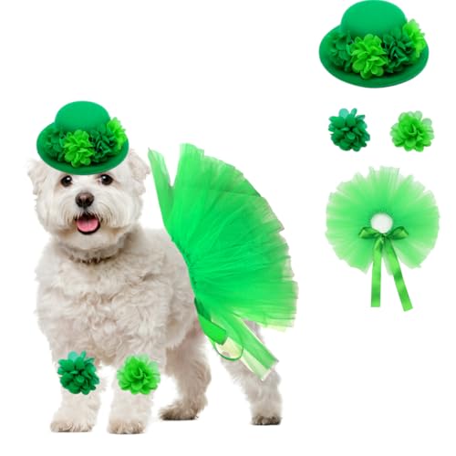 St Patrick's Day Kostüm für weibliche Hundekatze 4pcs Hut, Rock, Fußblume, Kragen mit Klee Muster einstellbar für kleine mittlere Hunde Katzen(Femal 4pcs grün Set) von Little Bean