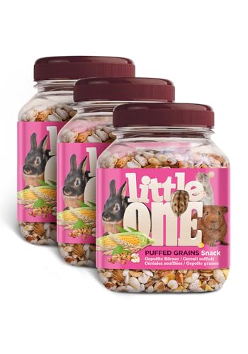 Little One Puffed Grains Snack | 3er Pack | 3 x 70 g | Ergänzungsfuttermittel für Nagetiere & Zwergkaninchen | Enthält gepufften Weizen, Gerste & Mais | Mit wertvollen Eiweißstoffen von Little One