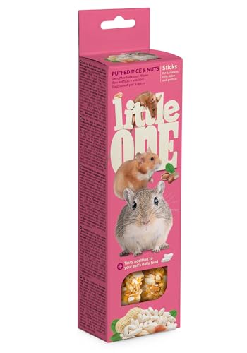Little One Sticks für Hamster, Ratten, Mäuse und Rennmäuse | 4er Pack | 4 x 110 g | Ergänzungsfuttermittel für Nagetiere | Mit gepufftem Reis und Nüssen | Abnahmbarer Clip von Little One