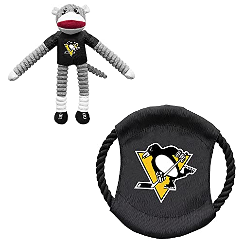 Littlearth NHL Pittsburgh Pinguine Socken-Affe und fliegende Scheibe, Haustier-Spielzeug-Kombi-Set von Littlearth