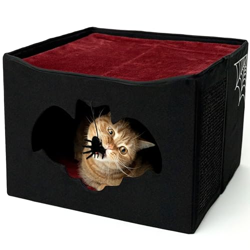 Gothic Gothic Katzenbett für Indoor-Katzen oder Haustiere, Faltbares Katzen-Halloween-Haus: enthält Fledermaus-förmigen Eingang, Spinnenspielzeug, Kratzunterlage und weiches Kissen für Gothic-Katze, von Littlesy
