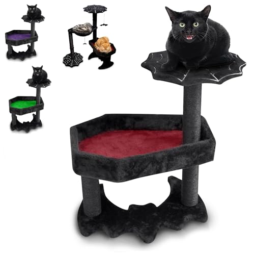 Gothic Kratzbaum in Sargform, Turm mit Bett und Kratzsäule aus Sisal, für Halloween, klein, Schwarz und Rot von Littlesy