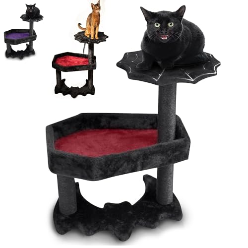 Gothic Katzenbaum mit Sarg Katzenbett & Gruseliges Katzenspielzeug - Gruseliger Katzenbaum für Halloween-Katzen (klein) Schwarz und Rot von Littlesy