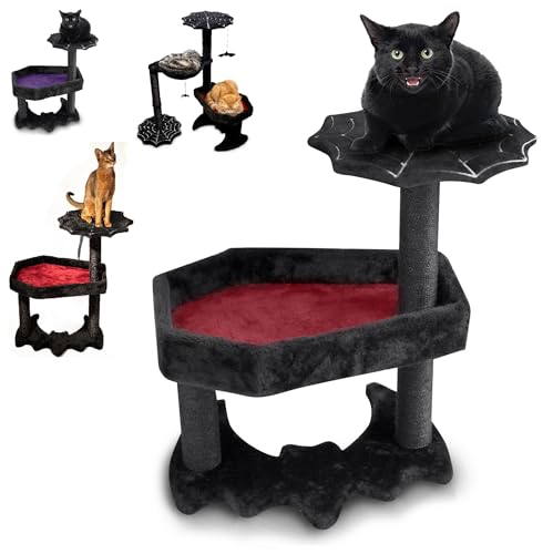 Gothic Katzenbaum mit Sarg Katzenbett & Gruseliges Katzenspielzeug - Gruseliger Katzenbaum für Halloween-Katzen (klein) Schwarz und Rot von Littlesy