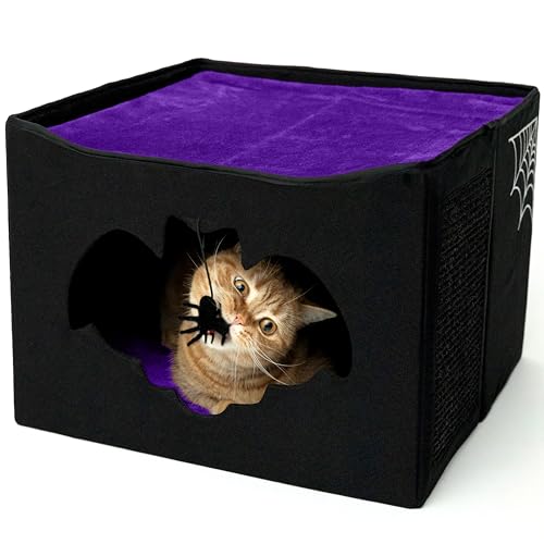Gothic Katzenbett für Indoor-Katzen oder Haustiere, faltbares Katzen-Halloween-Haus, 17 x 17 x 12,8 cm, inklusive Fledermaus-förmigem Eingang, Spinnenspielzeug, Kratzunterlage und weichem Kissen für Gothic Katzenbett für Indoor-Katzen oder Haustiere, faltbares Katzen-Halloween-Haus, 17 x 17 x 12,8 cm, inklusive Fledermaus-förmigem Eingang, Spinnenspielzeug, Kratzunterlage und weichem Kissen für von Littlesy
