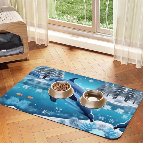 30 x 45 cm Winter Der Delfin-Druck Haustier saugfähige Futtermatte – schnell trocknendes Futterpad/Leder-Tischset, für Hunde und Katzen, Futternapf, Wasser von LiuMng