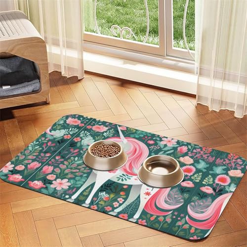 40 x 60 cm Einhorn mit rosa Haar-Aufdruck, saugfähige Futtermatte für Haustiere, schnell trocknendes Futterpad/Leder-Tischset, für Hunde und Katzen, Futternapf von LiuMng