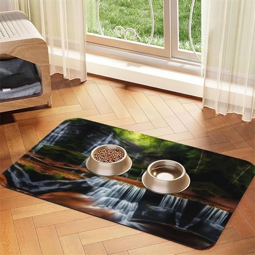 40 x 60 cm Wasserfall-Aufdruck, saugfähige Futtermatte für Haustiere, schnell trocknendes Futterpad/Leder-Tischset, für Hunde und Katzen, Futternapf von LiuMng