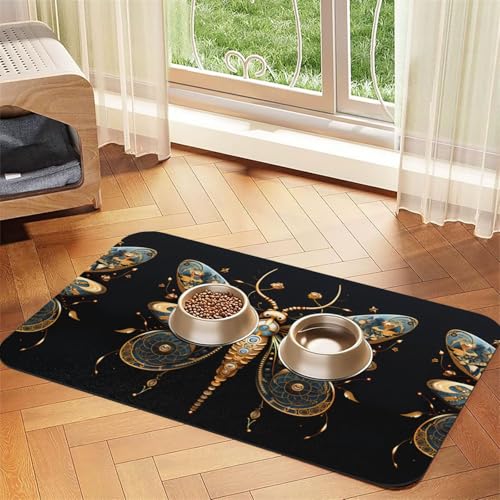 40 x 60 cm goldene zarte Libelle auf schwarzem Hintergrund, saugfähige Futtermatte für Haustiere, schnell trocknendes Futterpad/Leder-Tischset, für Hunde, Katzen, Futternapf, Wasser von LiuMng