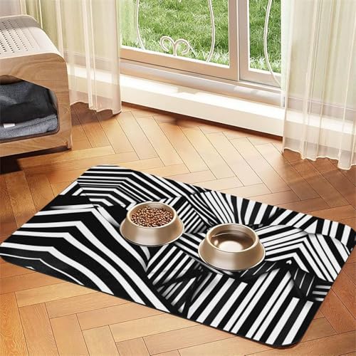 40 x 60 cm schwarz und weiß geometrische Linien Druck Haustier saugfähige Futtermatte – schnell trocknendes Futterpad/Leder-Tischset, für Hunde und Katzen, Futternapf von LiuMng
