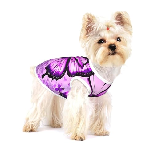 Hunde-T-Shirt aus Baumwolle, Schmetterlings-Aufdruck, weich, atmungsaktiv, ärmellos, für kleine Welpen und Katzen, Lila Hunde-T-Shirt aus Baumwolle, Schmetterlings-Aufdruck, weich, atmungsaktiv, ärmellos, für kleine Welpen und Katzen, Lila von LiuMng