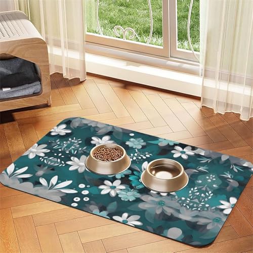 Saugfähige Futtermatte für Haustiere, 30 x 45 cm, Blaugrün, Grau und Weiß, Blumendruck, schnell trocknendes Futterpad/Leder-Tischset, für Hunde und Katzen, Futternapf von LiuMng