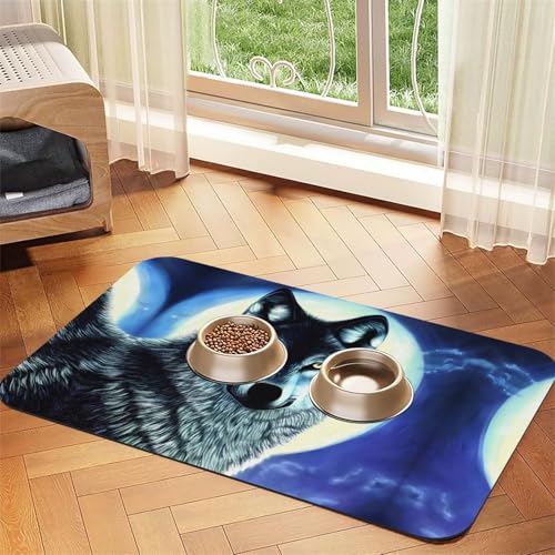 Saugfähige Futtermatte für Haustiere, 30 x 45 cm, Motiv: Wolf unter dem Mond, schnell trocknendes Futterpad/Leder-Tischset, für Hunde, Katzen, Futternapf, Wasser von LiuMng