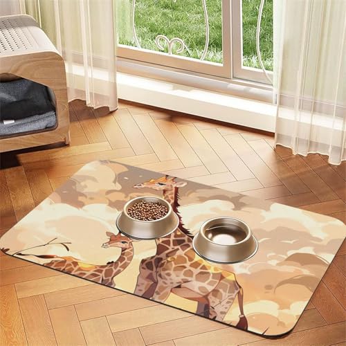Saugfähige Futtermatte für Haustiere, 40 x 60 cm, Giraffenmotiv mit Mutter- und Kind-Druck, schnell trocknendes Futterunterlage/Leder-Tischset, für Hunde und Katzen, Futternapf von LiuMng