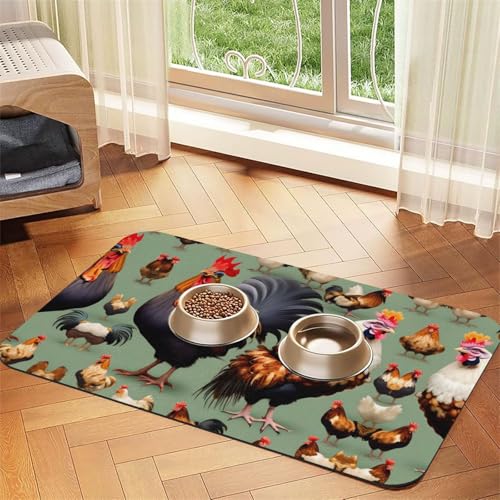 Saugfähige Futtermatte für Haustiere, 40 x 60 cm, Hahn- und Huhn-Druck, schnell trocknendes Futterunterlage/Leder-Tischset, für Hunde und Katzen, Futternapf, Wasser von LiuMng