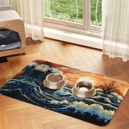 Saugfähige Futtermatte für Haustiere, 40 x 60 cm, Meeres- und Segeldruck, schnell trocknendes Futterpad/Leder-Tischset, für Hunde und Katzen, Futternapf von LiuMng