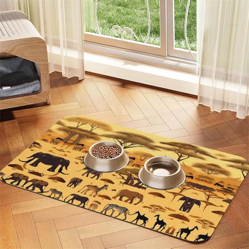 Saugfähige Futtermatte für Haustiere, 40 x 60 cm, afrikanisches Grasland, Tiermotiv, schnell trocknendes Futterunterlage/Leder-Tischset, für Hunde, Katzen, Futternapf, Wasser von LiuMng