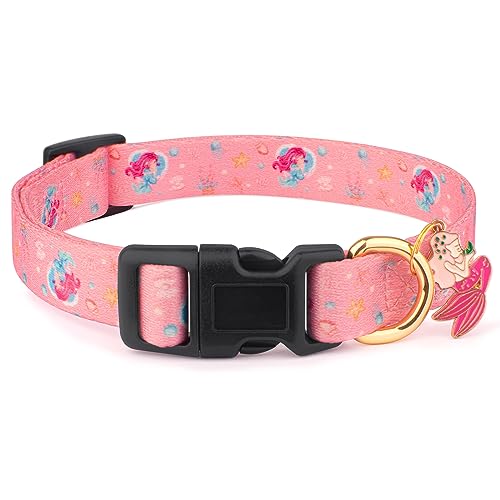 Handgefertigtes Hundehalsband aus Baumwolle für kleine, mittelgroße und große Hunde mit Anhänger (L, rosa Meerjungfrau) von Liugjiau