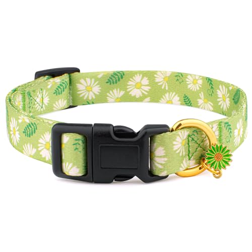 Hundehalsband aus Baumwolle, handgefertigt, für kleine, mittelgroße und große Hunde, grünes Gänseblümchen mit Anhänger, niedliche Hundehalsbänder (Größe S) von Liugjiau
