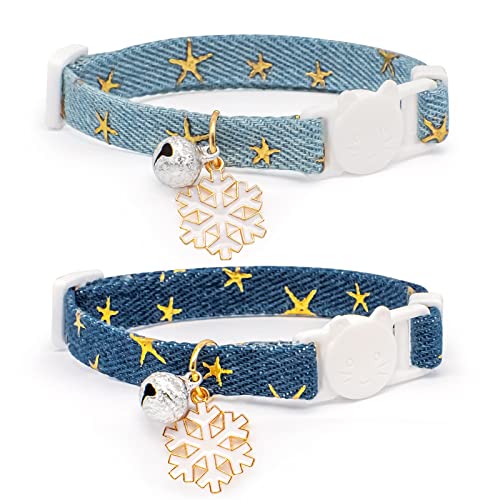 Katzenhalsband aus Baumwolle mit Glöckchen, dunkelblau und hellblau, weiß, Schneeflocken-Anhänger, niedliches Katzenhalsband, ideal für Mädchen, Katzen, Jungen, Katzen, 2 Stück Katzenhalsband aus Baumwolle mit Glöckchen, dunkelblau und hellblau, weiß, Schneeflocken-Anhänger, niedliches Katzenhalsband, ideal für Mädchen, Katzen, Jungen, Katzen, 2 Stück von Liugjiau
