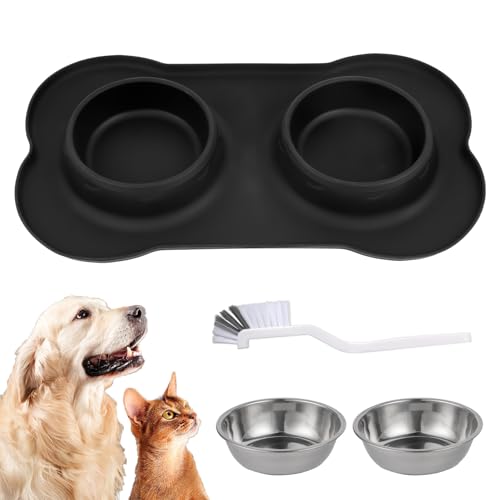 Doppelter Edelstahlnapf für Hunde und Katzen, kein Verschütten, Wassernapf mit Welpen-Silikon-Futtermatten, Tabletts, für Katzen, Welpen, kleine Hunde, Futter und Wassermatten und Napf von Liuliushun