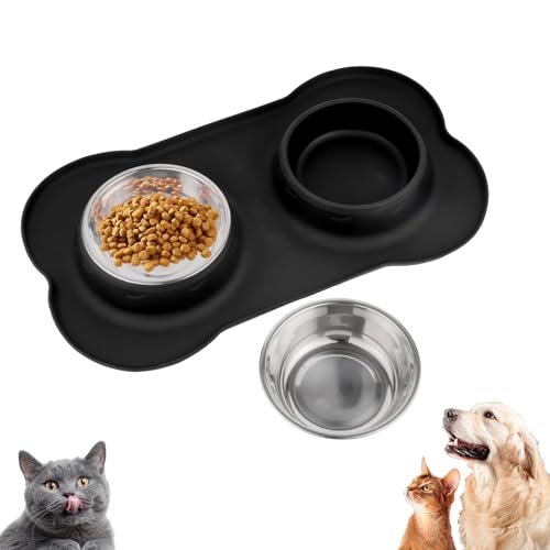 Futternapf Hunde Katzen, Fressnapf Hundenapf Kleine Hunde Napfset, Edelstahl Katzenapf Wassernapf Hund mit Nicht Kleckern, mit 1 Hundenapf Unterlage rutschfest Silikon Tablett Matte(36 x 21 cm) von Liuliushun