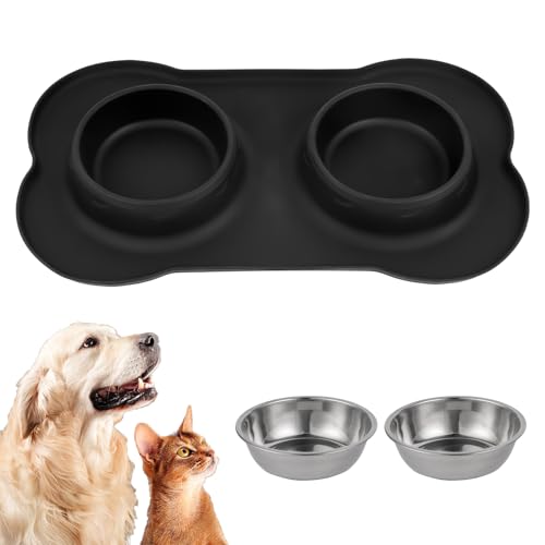 Futternapf Hunde Katzen, Fressnapf Hundenapf Kleine Hunde Napfset, Edelstahl Katzenapf Wassernapf Hund mit Nicht Kleckern, mit 1 Hundenapf Unterlage rutschfest Silikon Tablett Matte(42 x 26 cm) von Liuliushun