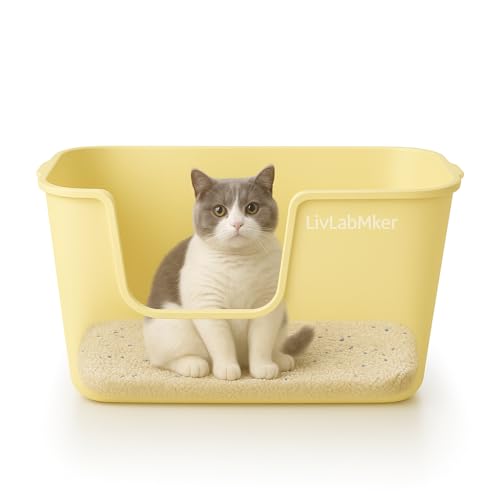 LivLab Mker Extra große Katzentoilette mit hohen Seiten, spritzwassergeschütztes Design für Großkatzen & Mehrkatzenhäuser, 62,5 x 42,4 x 32,5 cm (Gelb) von LivLab Mker