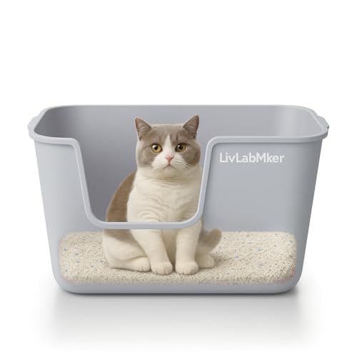LivLab Mker Extra große Katzentoilette mit hohen Seiten, spritzwassergeschütztes Design für Großkatzen & Mehrkatzenhäuser, 62,5 x 42,4 x 32,5 cm (Grau) von LivLab Mker