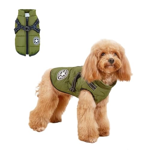 Liwein Hundemantel mit Geschirr, Wintermantel Hund, Winter Winddicht Wasserdicht kifahren Hundeweste, Welpen Winter Warme Jacke, Hundemantel mit Brustgurt Gurt für Kleine Hunde (L, Grün) von Liwein