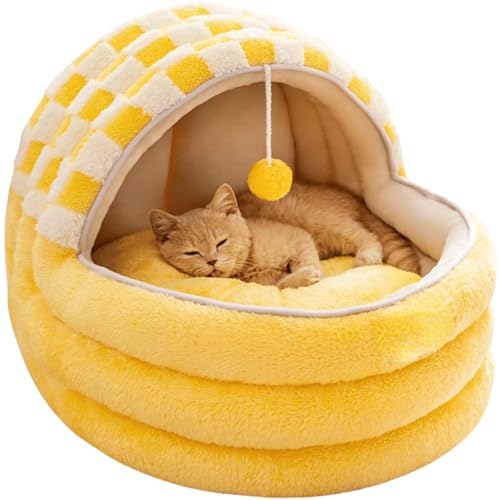 Llpsmeng Katzenbetthöhle, niedliches Katzenbett für den Innenbereich, schöne Katzenhäuser für den Innenbereich, warme Höhlenbetten für Welpen und Kätzchen (Gelb, M) von Llpsmeng