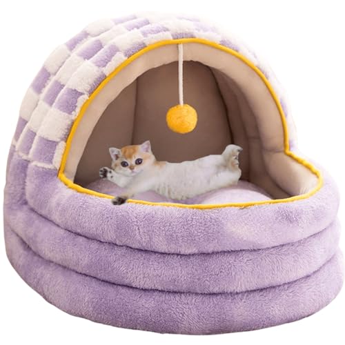Llpsmeng Katzenbetthöhle, niedliches Katzenbett für den Innenbereich, schöne Katzenhäuser für drinnen, warme Höhlenbetten für Welpen und Kätzchen (lila, klein) von Llpsmeng