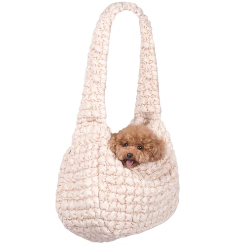 Modische gesteppte Tragetasche für kleine Hunde mit Haltegurt, große Puffer-Hobo-Tasche, Polsterung, Schultertasche für Welpen und Katzen, bis zu 5,9 kg, Beige von Lmbabter